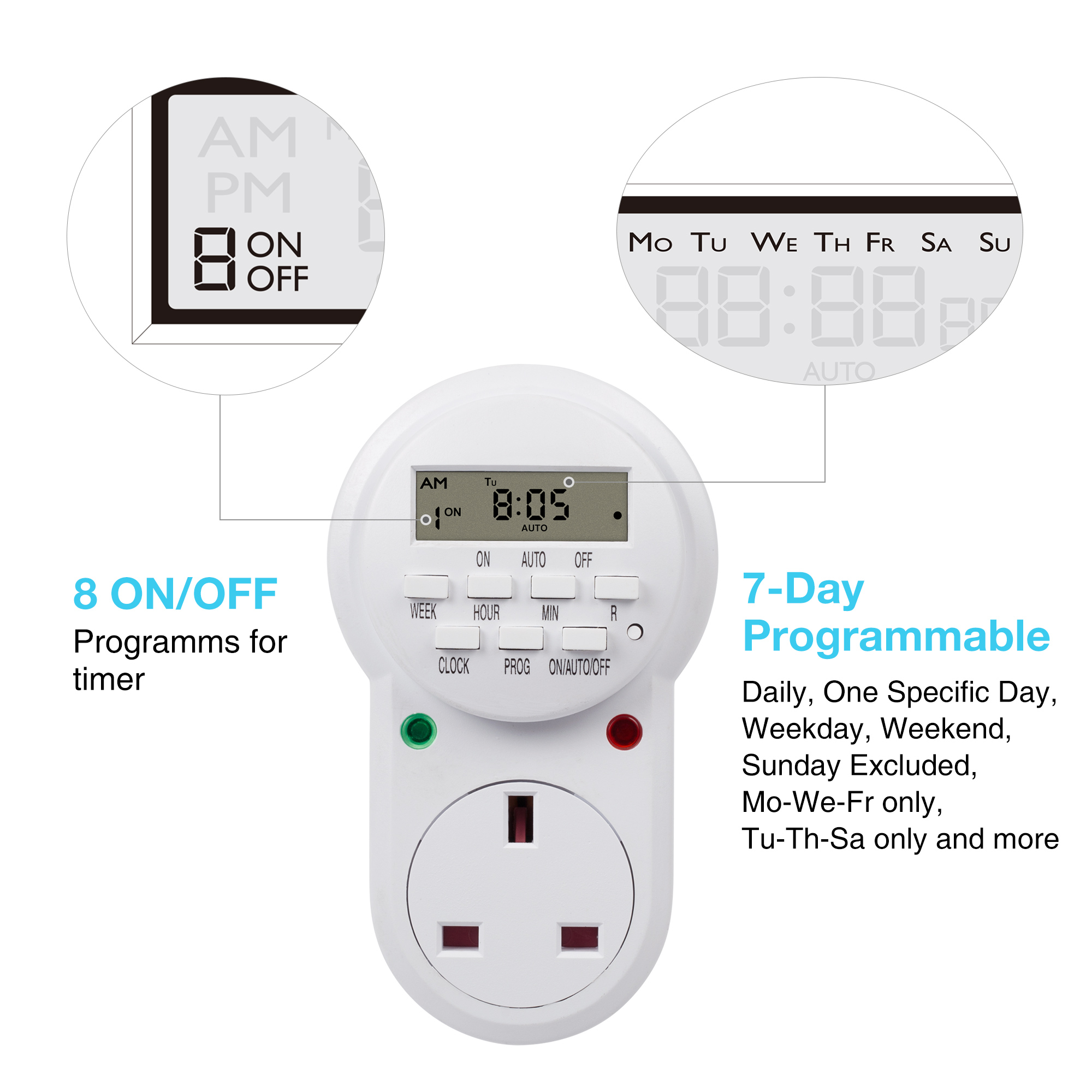 HBN Programmable Electronic Plug-in Timer Plug with LCD Display 24 Hours, 1 Pack